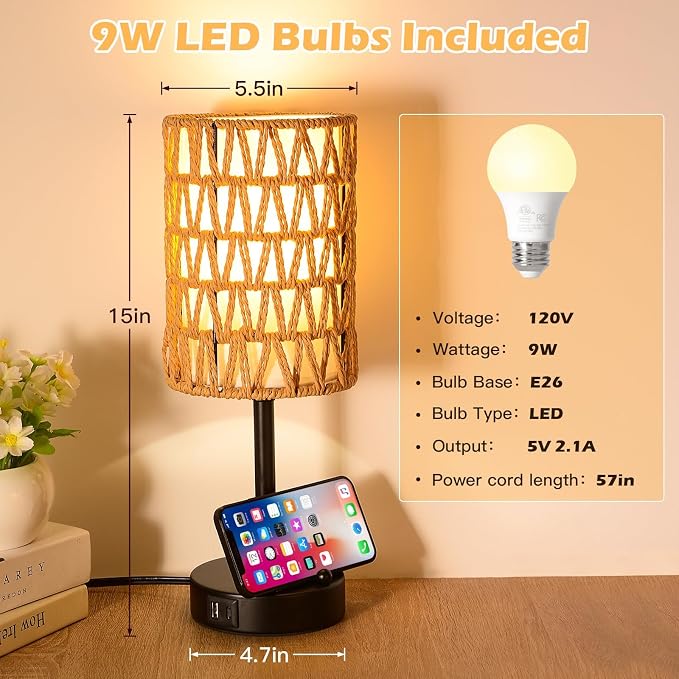 Rattan Table Lamps for Living Room, 3 Way Dimmable Touch Lamps, Small Bedside - Image 6