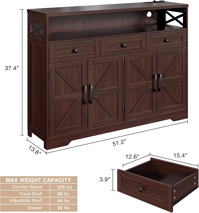 51" Dark Brown Buffet Sideboard Cabinet, Farmhouse Storage Cabinet Kitchen - Image 2