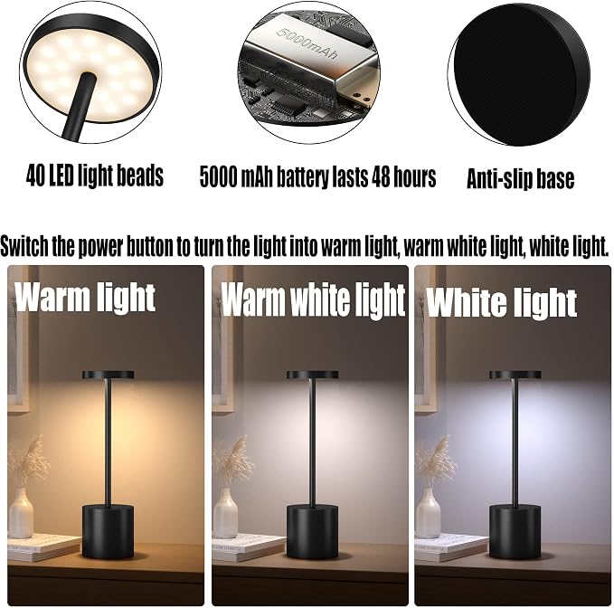 2Pack Cordless Table Lamp, Rechargeable LED Battery 5000mAh Metal USB Portable - Image 3