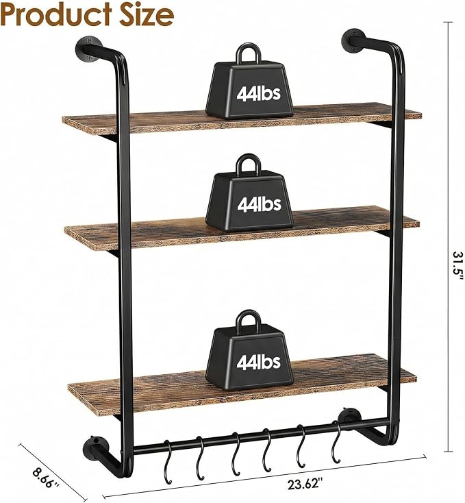 3 Tier Industrial Pipe Floating Shelf, Coffee Bar Shelves Display Bookshelf - Image 2