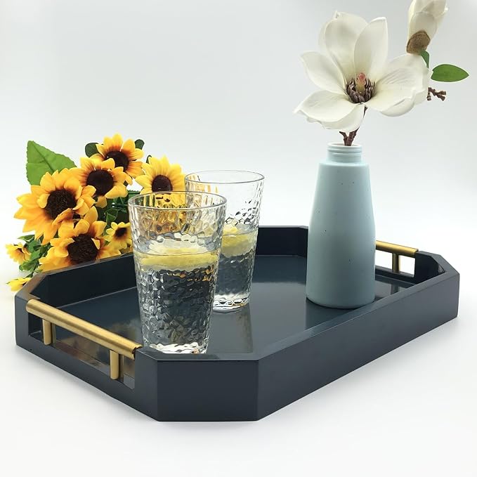 Serving Tray with Polished Metal Handles, Hexagon Coffee Table Tray, Modern - Image 7