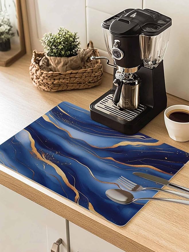 Abstract Marble Coffee Mat Navy Gold Texture Modern Style Simple Absorbent Bar by Unknown