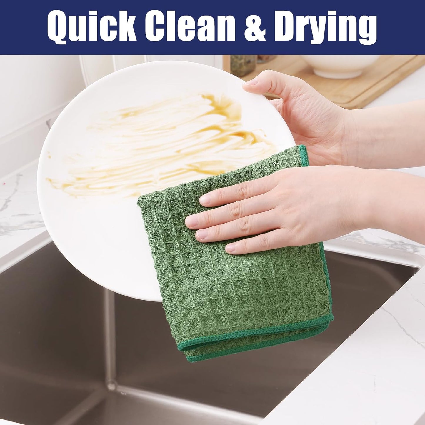 Homaxy Microfiber Waffle Weave Kitchen Towels, 16 x 28 Inch Ultra Absorbent and Solid Color Dish Towels, 8 Pack, Grass Green