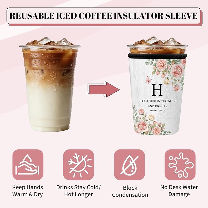 Floral Monogram Iced Coffee Cup Sleeve 3 Pack, Christian Reusable Neoprene - Image 7