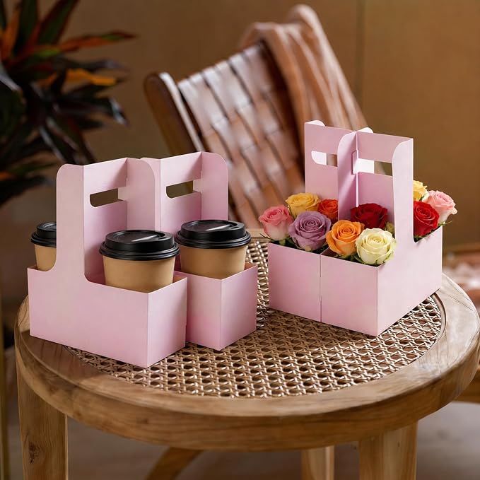 100 Pcs Pink 2 Cup Drink Carrier Disposable, Foldable Kraft Cardboard Cup - Image 5
