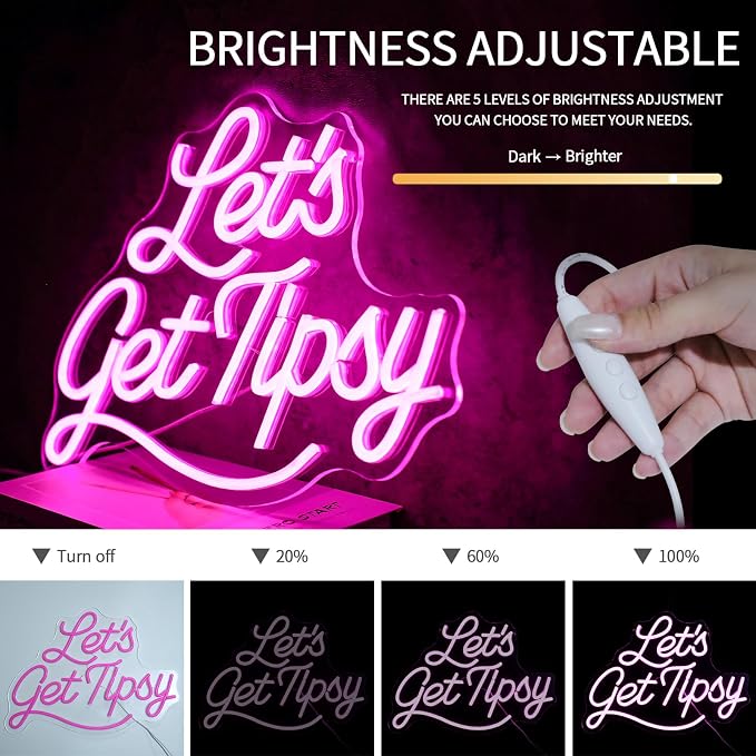 Let's Get Tipsy Neon Sign for Room Decor Dimmable Letters Led Lights Signs Pink - Image 4