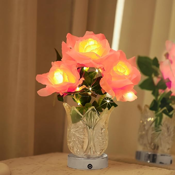 Artificial Pink Rose LED Lamp Night Light, Flower Lamp Gifts by Hibeauti