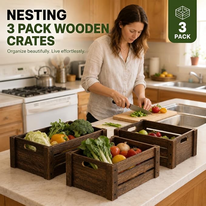 Wooden Crates for Display, 3 Pack Large Rustic Handmade Wood Crate for Storage - Image 6