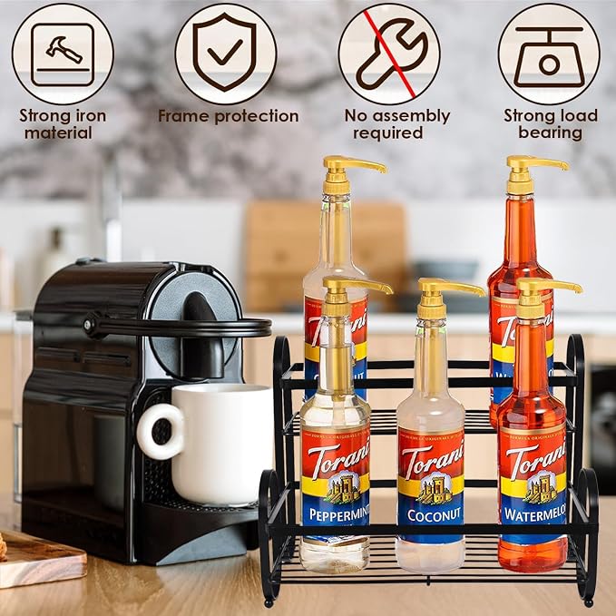 6-Bottle 2-Tier Coffee Syrup Rack Organizer, Sturdy Metal Syrup Storage Shelf - Image 6