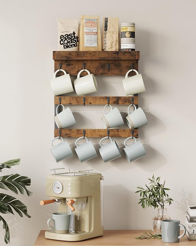OROPY Coffee Mug Rack Wall Mounted, Rustic Wood Cups Rack - Image 2