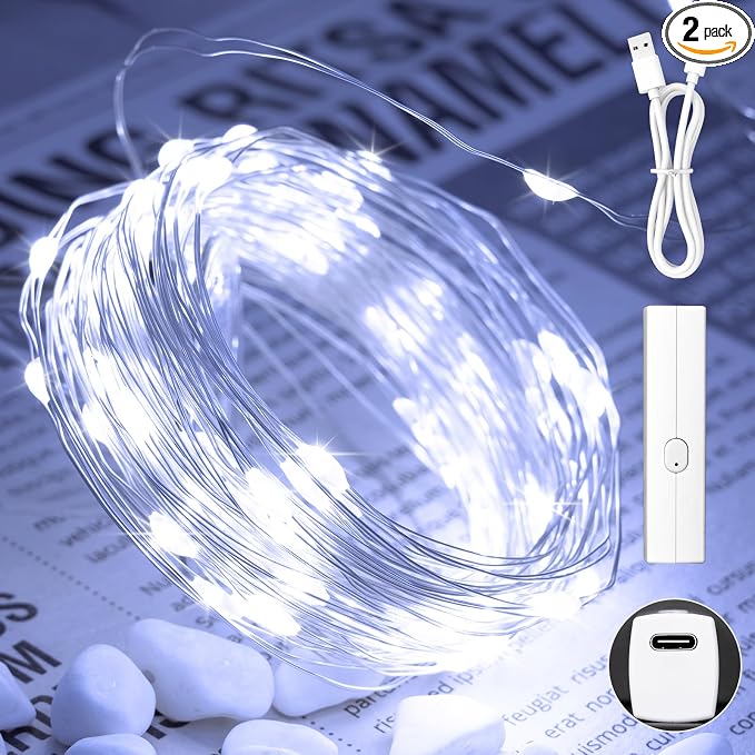 Lakumu 66FT Cool White Rechargeable Fairy Lights, 8 Modes Waterproof Copper by Lakumu