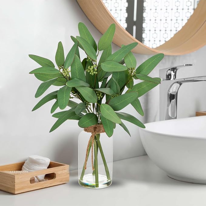 Briful Artificial Eucalyptus Stems in Clear Glass Vase - Image 3