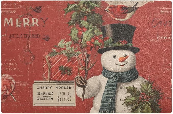 Red Christmas Snowman and Berries Coffee Mat Coffee Bar Maker Backed Absorbent by QwThum