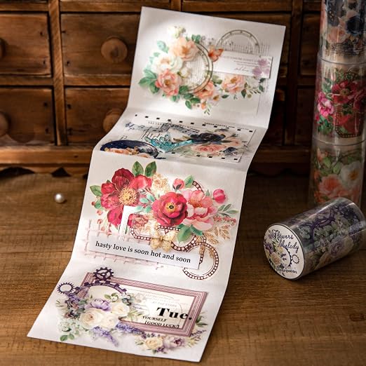 PET Tape Stickers Set with Metal Clip, 4 Rolls Precut Floral Music Decorative - Image 5