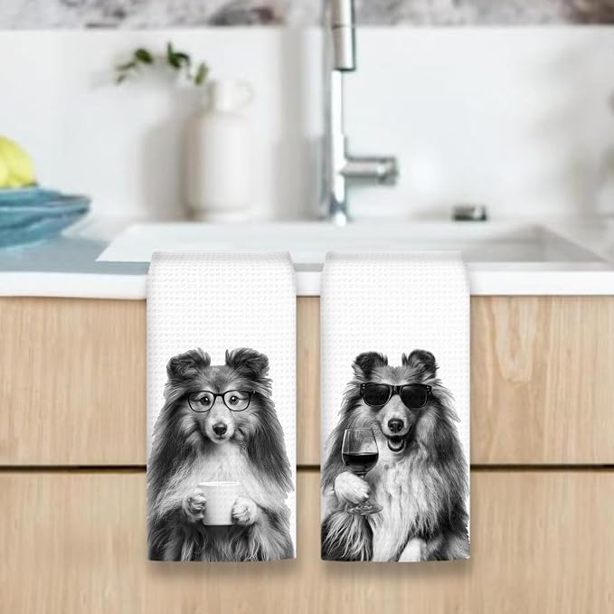 Sheltie Gifts Coffee Wine Kitchen Towels Set of 2, Coffee Dog Dish Tea Towel - Image 6
