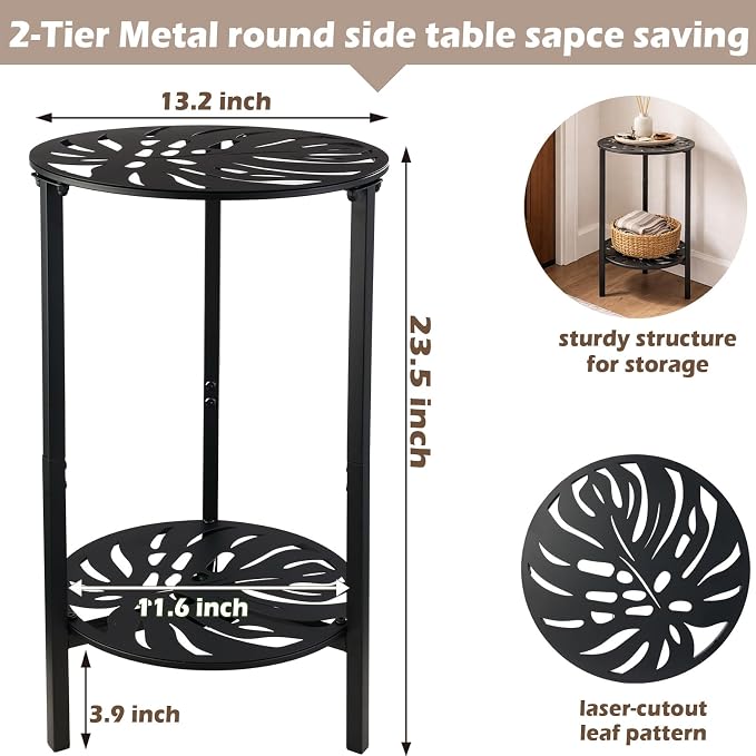 2-Tier Metal Round Side Table Black Accent Coffee Tables Small Space Corner - Image 3