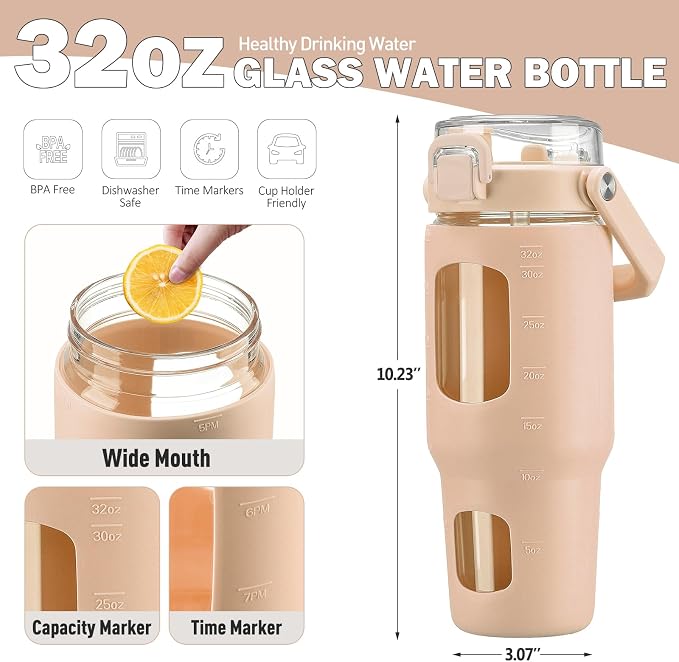 BLUEGO 32oz Glass Tumbler with Lid and Handle, Iced Coffee Cup with Straws - Image 4