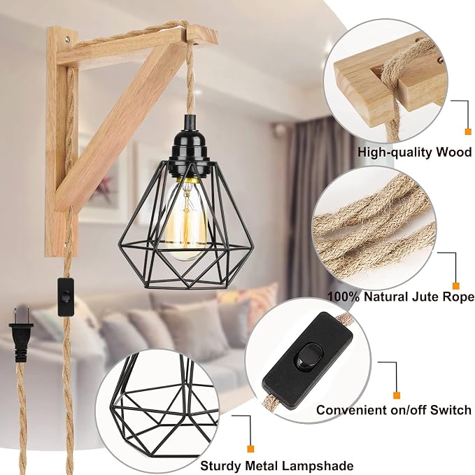 Frideko Wood Plug in Wall Sconces Set of Two, Hanging Lamps that Plug into Wall - Image 8