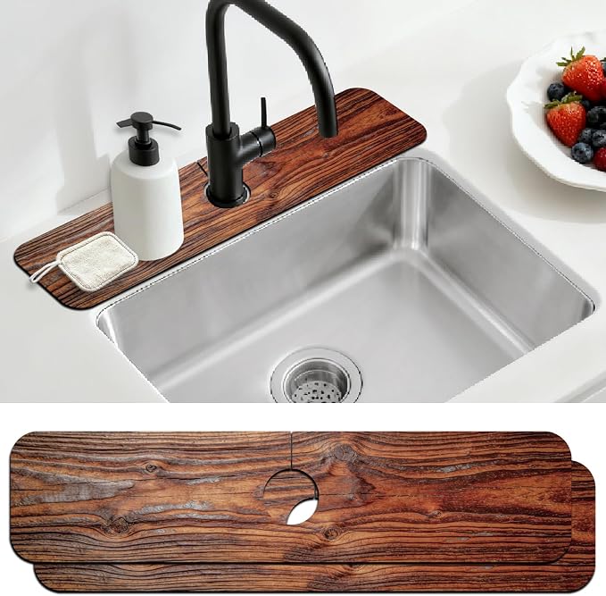 2 Pcs Kitchen Sink Splash Guard Faucet Mat Wood Grain Pattern Faucet Mat by CONCHLERY%E6%97%97%E8%88%B0%E5%BA%97