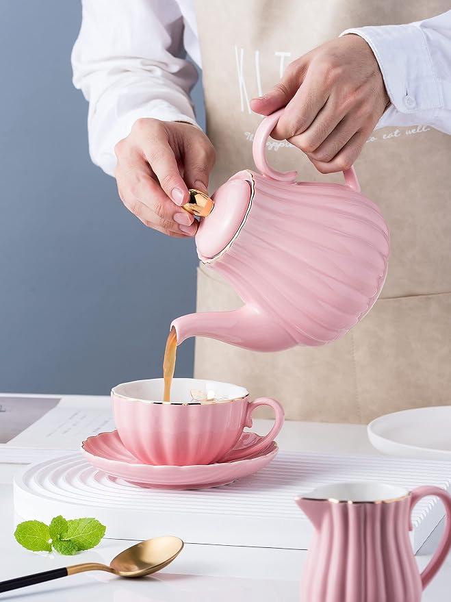 Jusalpha Service for 6- Fine China Pink Coffee Cup/Teacup Set, 8 OZ Cups& Saucer - Image 5