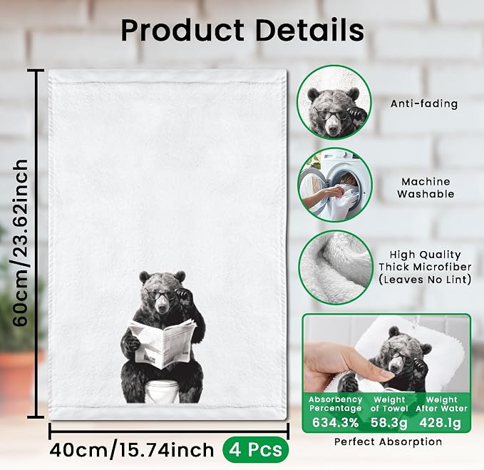 CUTHOLLOW Bear Decorative Kitchen Towels Set of 4, 15.74"x23.62" Soft & - Image 2