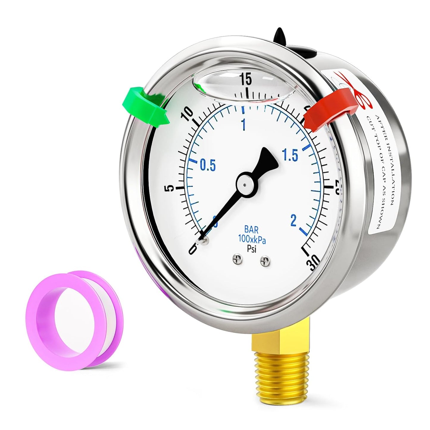 0-30psi Stainless Steel 1/4" NPT 2.5" Dial, Glycerin Liquid Filled Pressure Gauge Lower Mount Designed for Pressure Testing of Water, Oil and Air (with Range Mark Pointer)