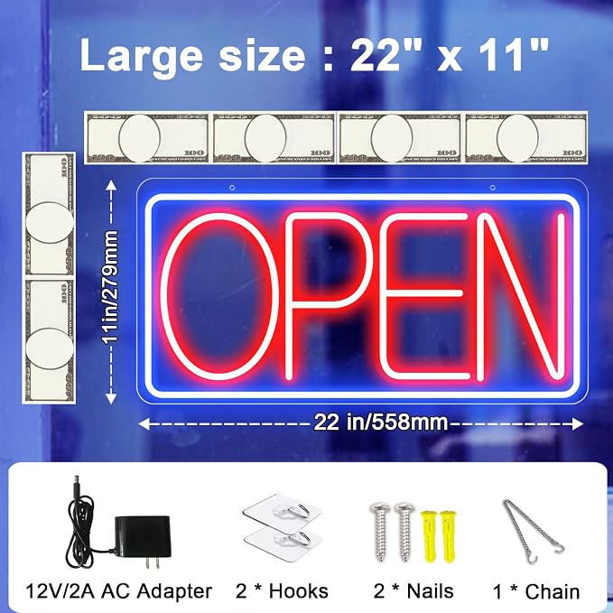 22" X 11" Led Neon Open Signs for Business 12V/2A Ultra Bright Led Neon Open - Image 3