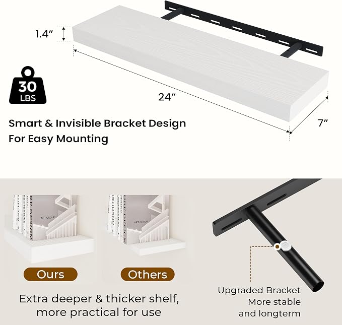 Dreamland 24 Inch Long Floating Shelves in White, 6.7 Inch Deep Floating Shelf - Image 2