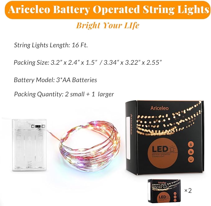 Ariceleo Led Fairy Lights Battery Operated, 2 Packs Mini Battery Powered Copper - Image 2