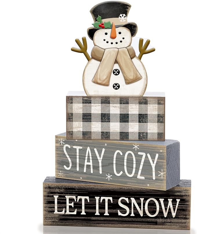 Yuntau 4 Pcs Winter Table Decorations Wooden Snowman Winter Tiered Tray Decor by Yuntau