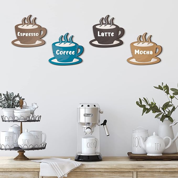 Blulu 4 Pieces Coffee Wooden Wall Art Decor Wooden Coffee Cup Signs Espresso - Image 2