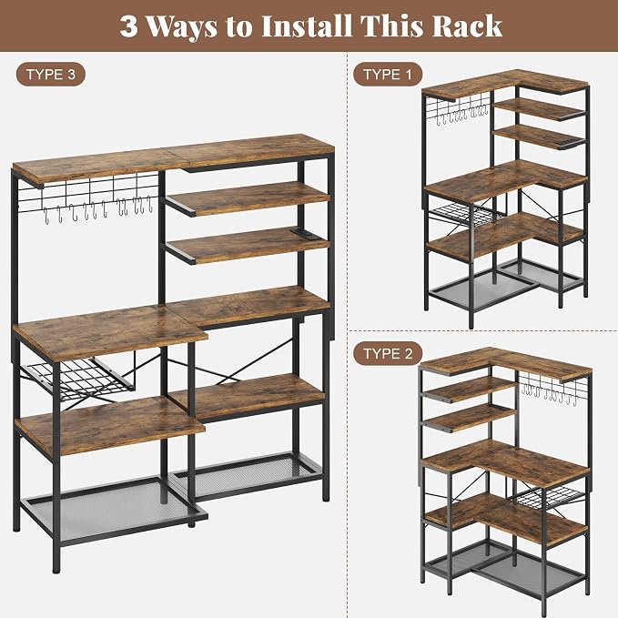 L-Shaped Bakers Rack with Power Outlet, 6-Tier Microwave Stand with Open Storage - Image 3