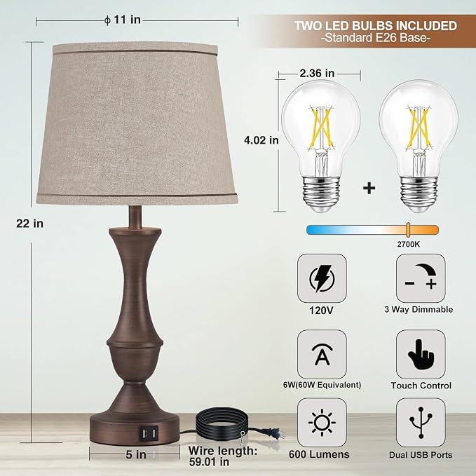 Luvkczc Touch Table Lamps Set of 2, Dimmable Table Lamp, Nightstand Lamps - Image 3