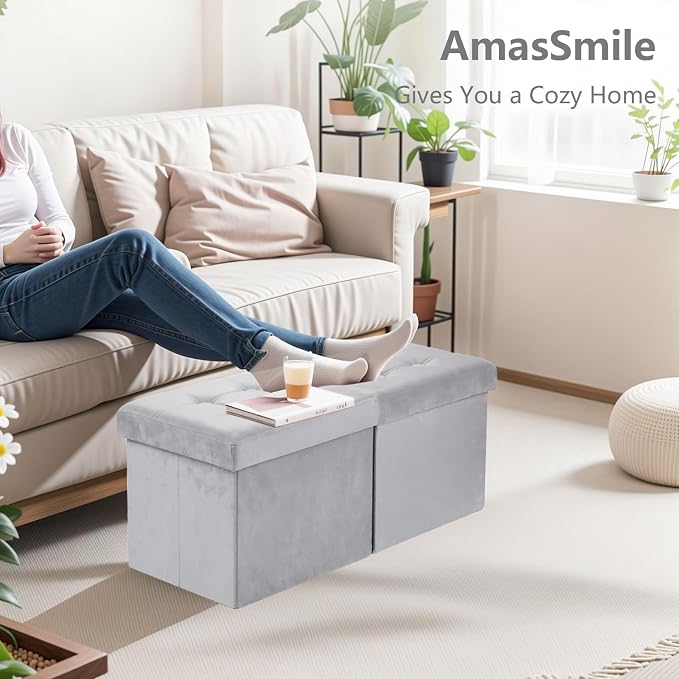 AmasSmile® Storage Ottoman Foot Rest Stool, 34 inch Velvet Footstool Bench - Image 2