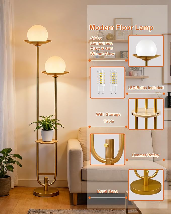 Lightdot 63IN Gold Floor Lamp 2 Globe Mid Century Standing Lamps Dimmable - Image 3
