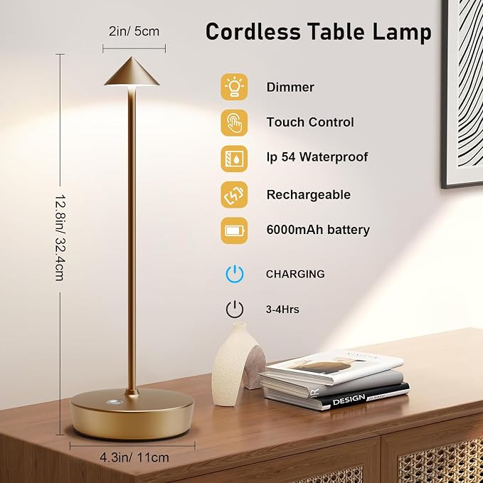 Rechargeable Cordless Table Lamp, 6000mAh LED Battery Operated Desk Lamp Touch - Image 3