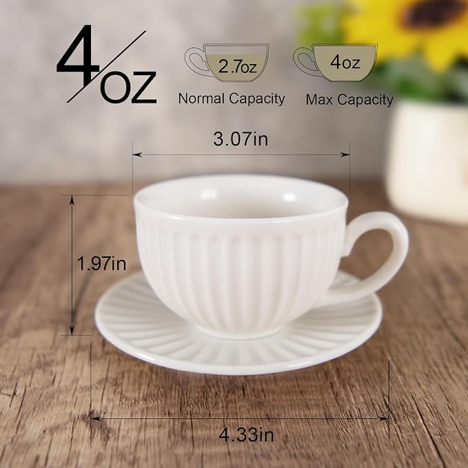 4 oz White Espresso Cups Set of 2, Ceramic Cappuccino Cups - Image 2