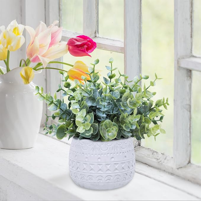 Winlyn Set of 2 Small Artificial Potted Plants Faux Eucalyptus Plant in White - Image 4