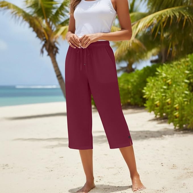 Straight Leg Capri Linen Pants for Women Elastic Waist Drawstring Pant Summer - Image 2