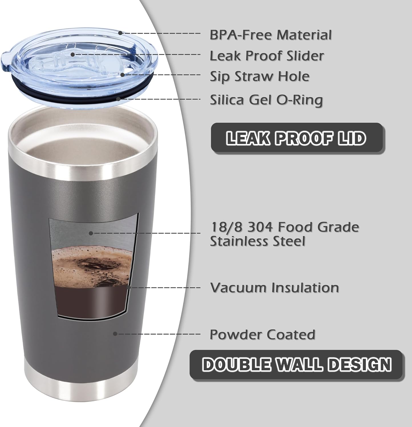 20oz Tumbler Bulk Stainless Steel Tumblers with Lid Vacuum Insulated Double Wall Travel Coffee Mug Powder Coated Tumbler Cup for Hot and Cold Drinks(Grey, 6 pack)