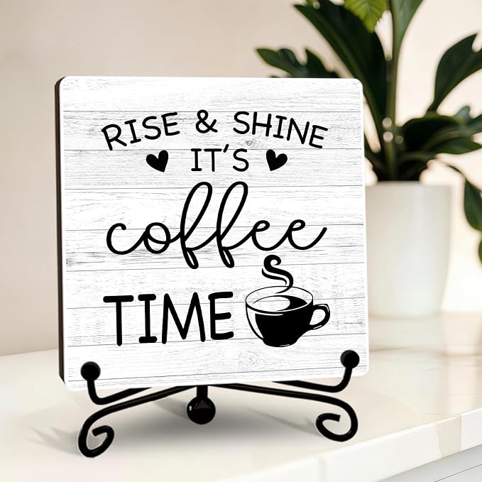 Minimalism Coffee Bar Decor, Rise & Shine It's Coffee Time Wood Plaque by YQV