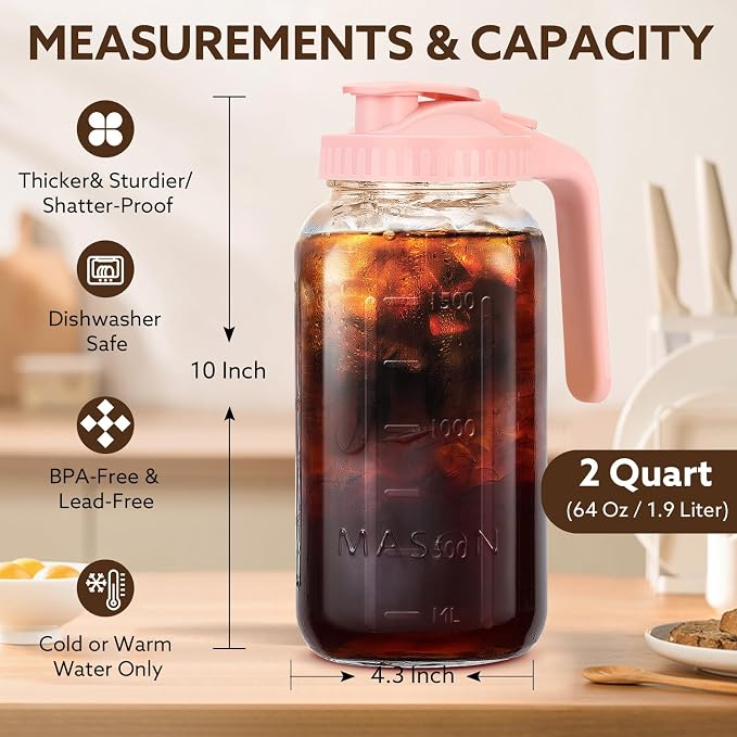 Mihlapi Glass Pitcher with Lid, 64 OZ Mason Jar Pitcher Double Leak Proof - Image 5