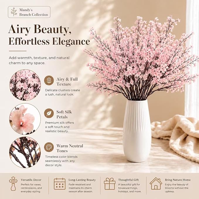 Mandy's 6 Bundles Artificial Light Pink Baby’s Breath Flowers | 18.5 Inch Silk - Image 2