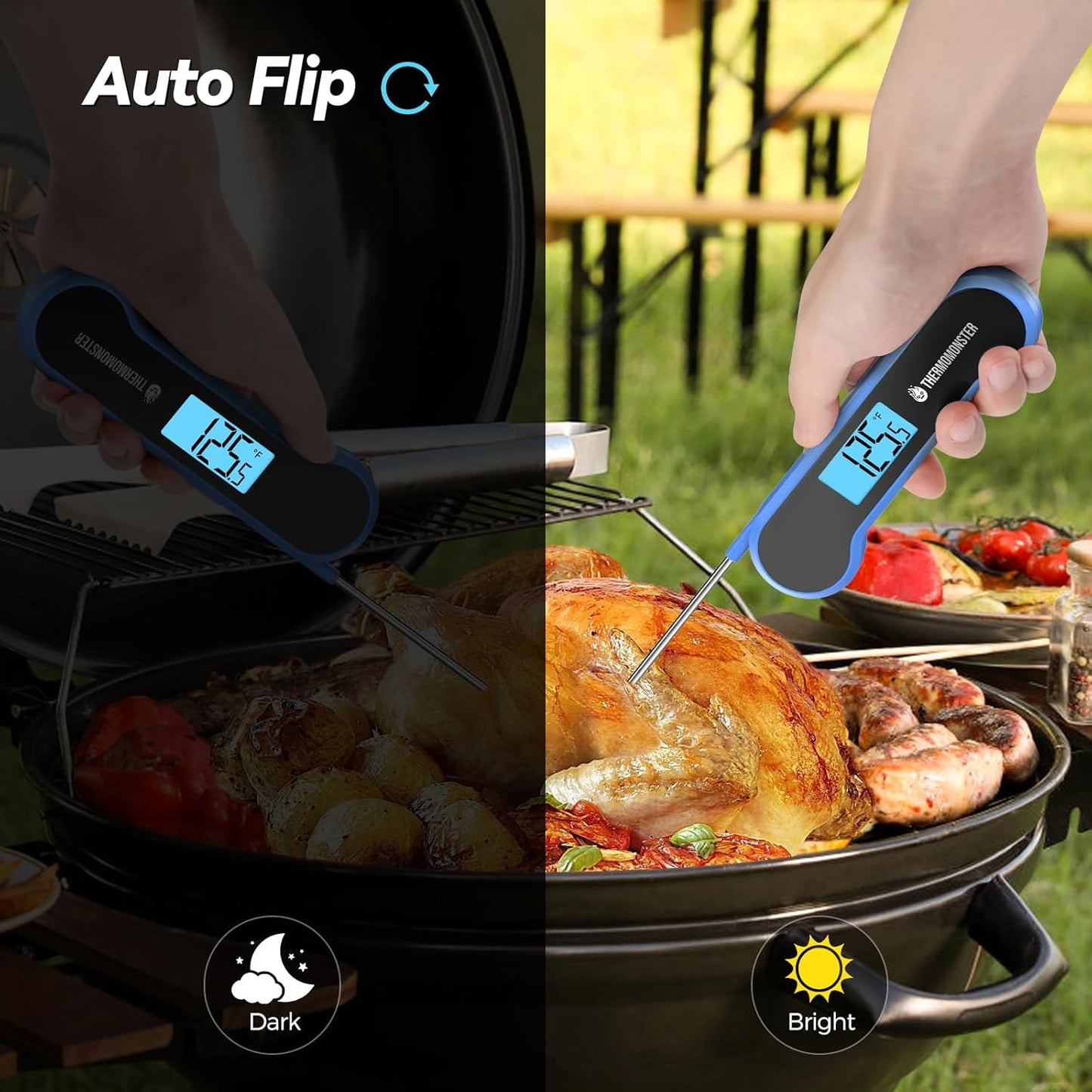 0.5 Sec Instant Read Meat Thermometer Digital with ±0.5℉ Precision, 100% Waterproof Auto Flip Bright LCD Screen, Motion Sensing Food Thermometer for Cooking Kitchen Oven Grill Candy BBQ, Blue