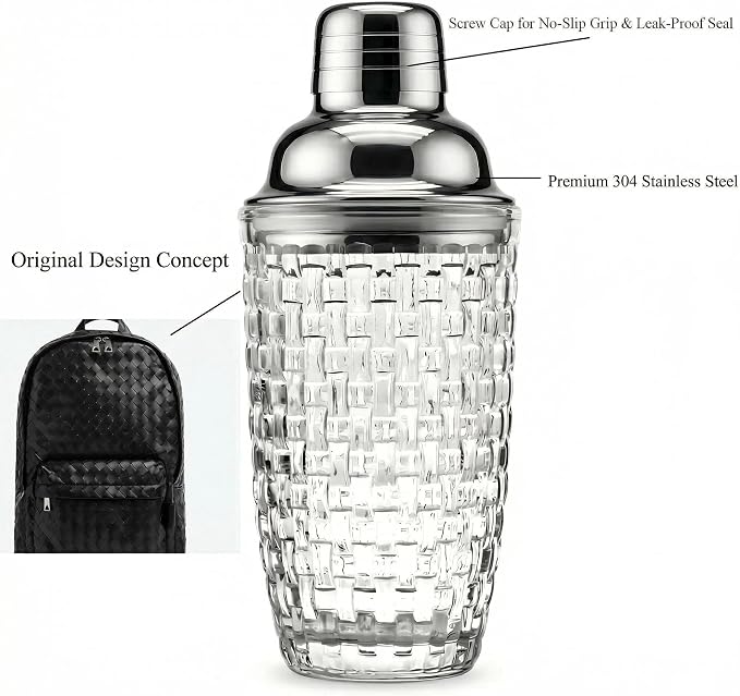 15oz Woven Embossed Glass Cocktail Shaker | Leakproof, Stainless Lid, Upgrated - Image 4