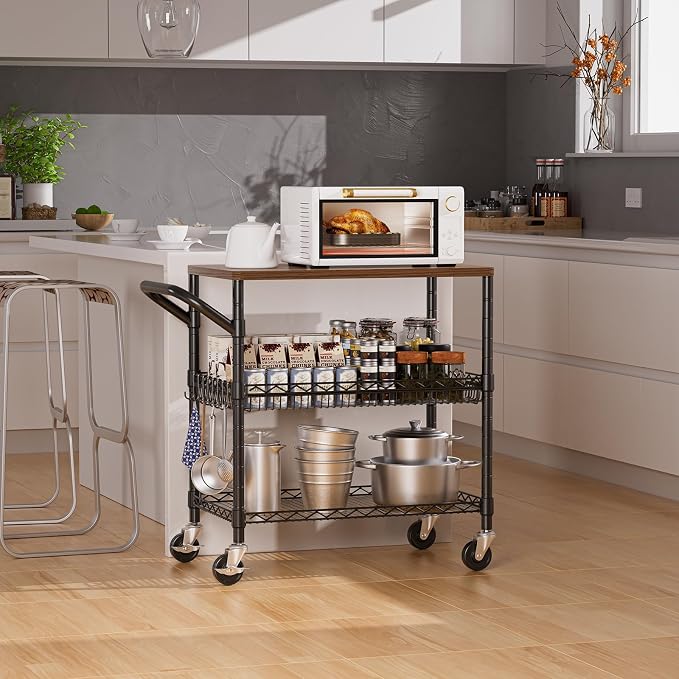 NTE Rolling Kitchen Carts on Wheels, 650Lbs Capacity 3 Tier Utility Cart - Image 2