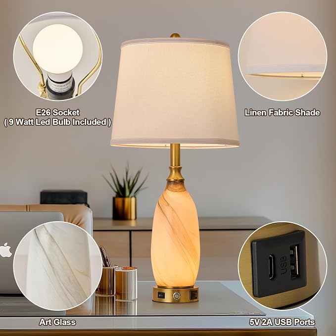 AIDENOEY 26" Modern Art Glass Table & Bedside Lamp, Stepless Dimmable Base + - Image 2