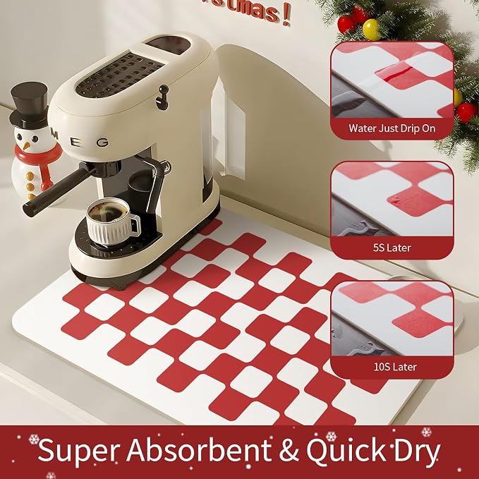 Red Dish Drying Mat Hide Stain Coffee Bar Mat Fast Dry Modern Checkered Kitchen - Image 2
