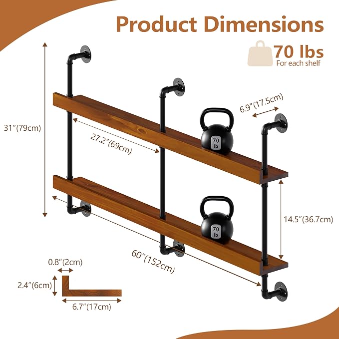 Wall Mounted Wine Rack with LED Light, LED Industrial Pipe Wine Shelf, 2-Tier - Image 2
