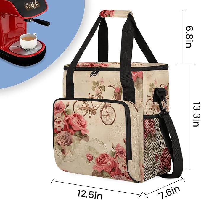 Vintage Rose Bicycle Flower Coffee Maker Carring Bag, Large Insulated Storage - Image 2